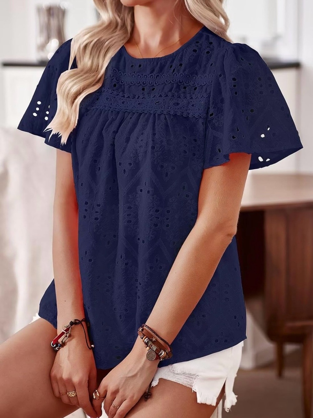 Falechay Navy Blue Eyelet Blouse Smocked Crochet Flutter Sleeve Small NWT